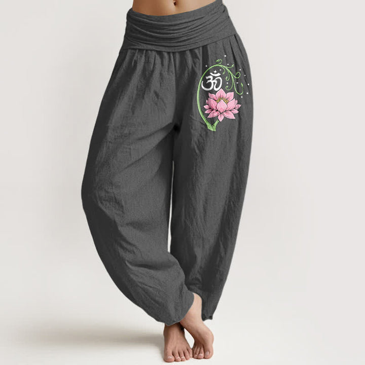 Buddha Stones Pure Cotton Lotus Vine Om Pattern Women's Elastic Waist Harem Pants - DimGray - US16，UK/AU20，EU48 (3XL) - image 8