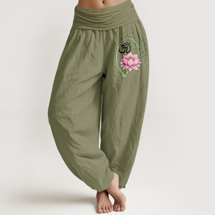 Buddha Stones Pure Cotton Lotus Vine Om Pattern Women's Elastic Waist Harem Pants - OliveDrab - US16，UK/AU20，EU48 (3XL) - image 14