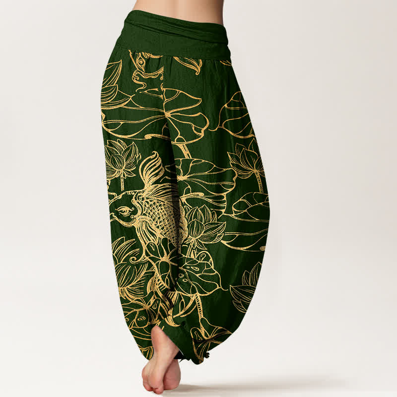 Buddha Stones Cotton Lotus Pond Fish Pattern Women's Elastic Waist Harem Pants - image 2