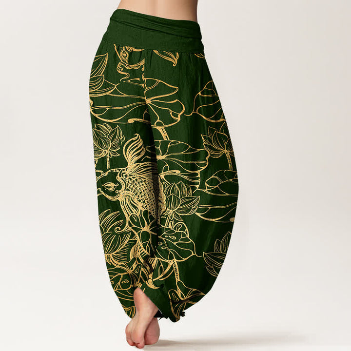 Buddha Stones Cotton Lotus Pond Fish Pattern Women's Elastic Waist Harem Pants - image 2