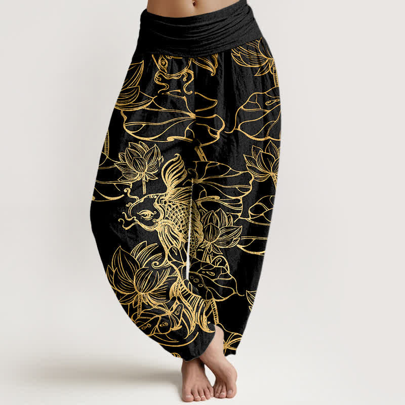 Buddha Stones Cotton Lotus Pond Fish Pattern Women's Elastic Waist Harem Pants - Black - US16，UK/AU20，EU48 (3XL) - image 5