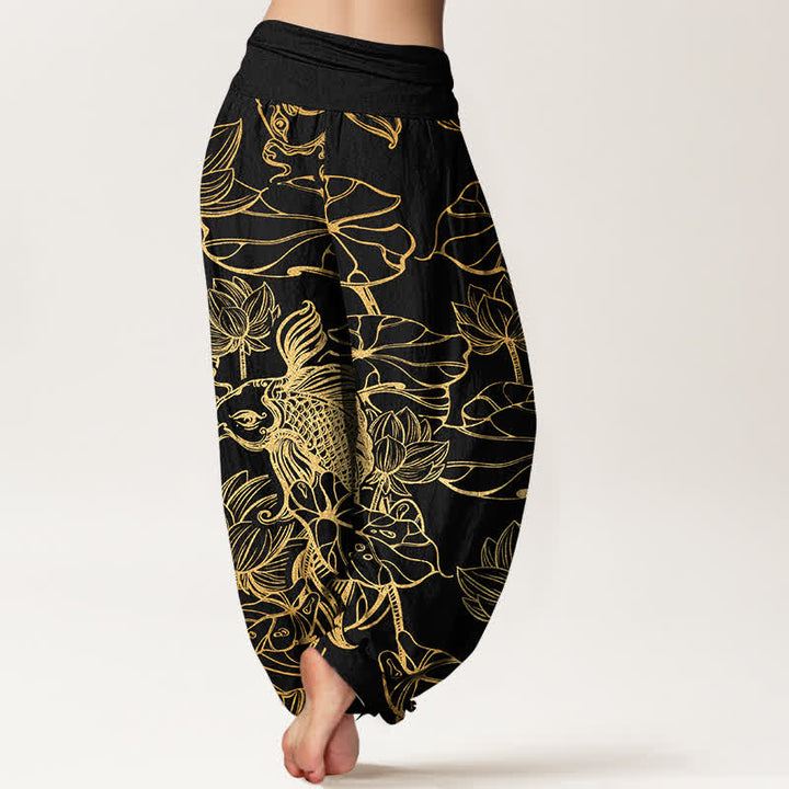 Buddha Stones Cotton Lotus Pond Fish Pattern Women's Elastic Waist Harem Pants - image 7
