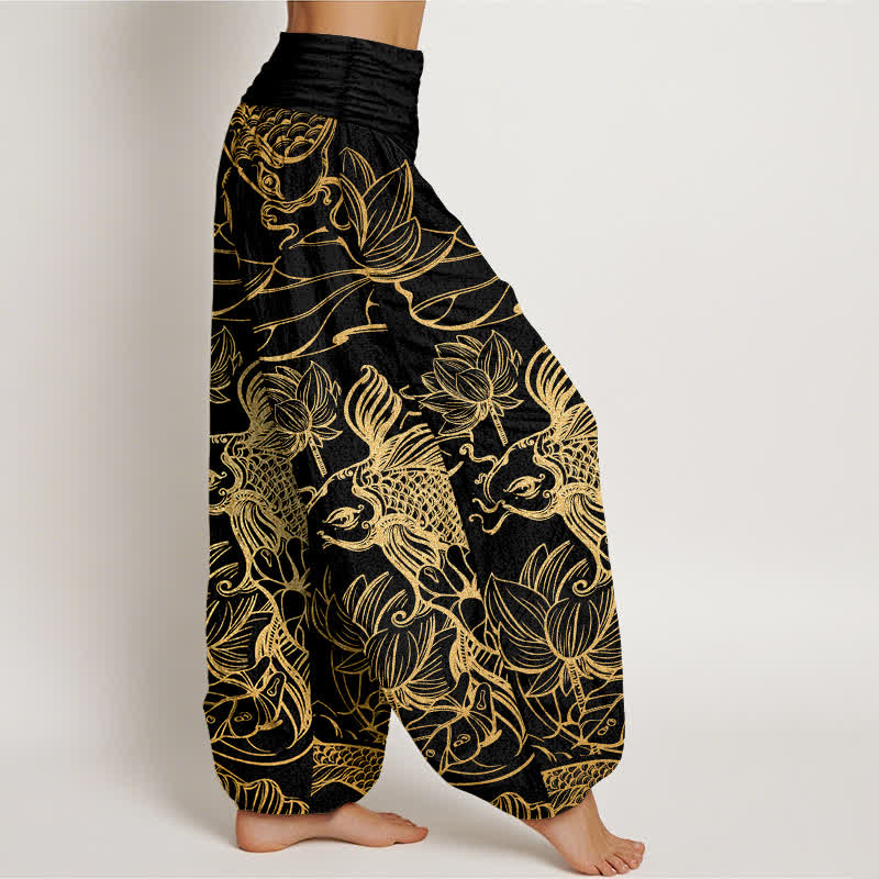 Buddha Stones Cotton Lotus Pond Fish Pattern Women's Elastic Waist Harem Pants - image 6