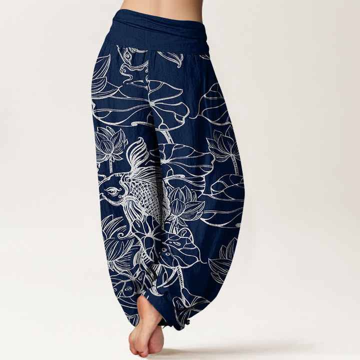 Buddha Stones Cotton Lotus Pond Fish Pattern Women's Elastic Waist Harem Pants - image 10