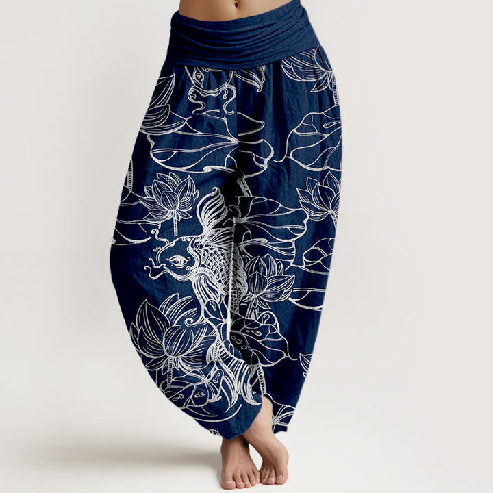 Buddha Stones Cotton Lotus Pond Fish Pattern Women's Elastic Waist Harem Pants - Navy - US16，UK/AU20，EU48 (3XL) - image 8