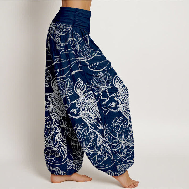Buddha Stones Cotton Lotus Pond Fish Pattern Women's Elastic Waist Harem Pants - image 9