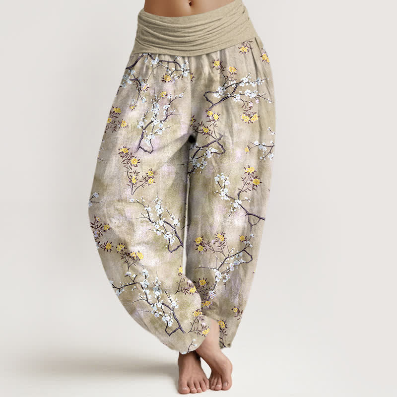 Buddha Stones Cotton Botanical Floral Branch Pattern Women's Elastic Waist Harem Pants - PaleGoldenrod - US16，UK/AU20，EU48 (3XL) - image 8