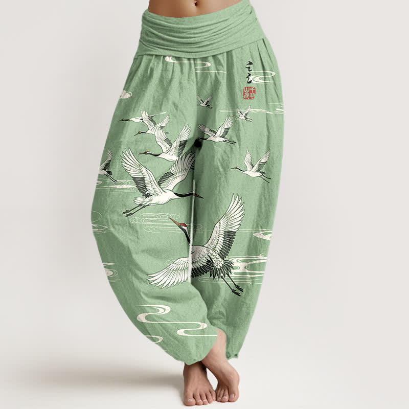 Buddha Stones Cotton Oriental Crane Wave Pattern Women's Elastic Waist Harem Pants - PaleGreen - US16，UK/AU20，EU48 (3XL) - image 0