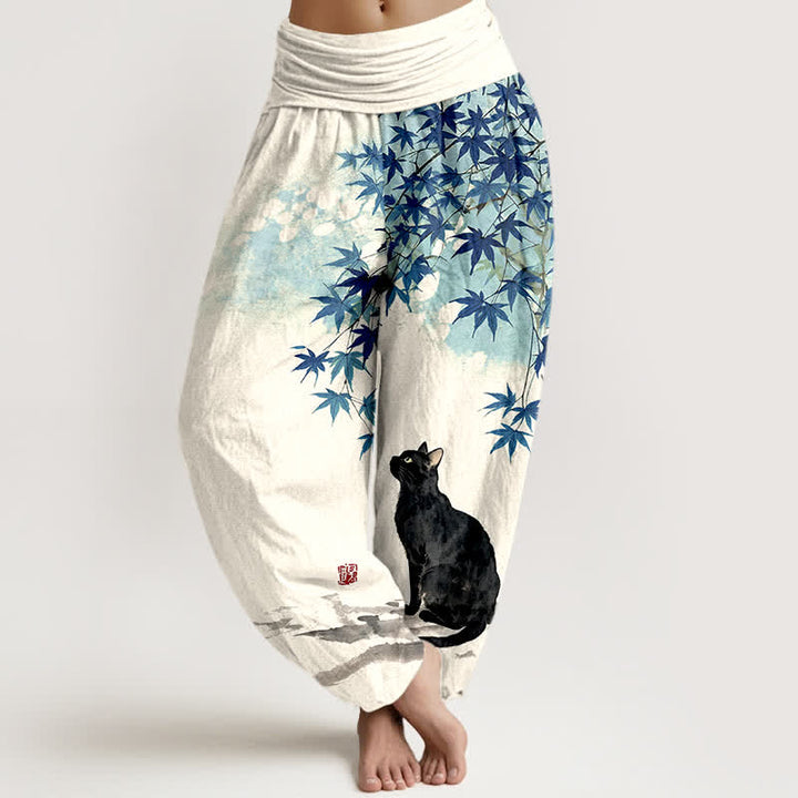 Buddha Stones Cotton Maple Leaf Cat Pattern Women's Elastic Waist Harem Pants - Blue - US16，UK/AU20，EU48 (3XL) - image 5