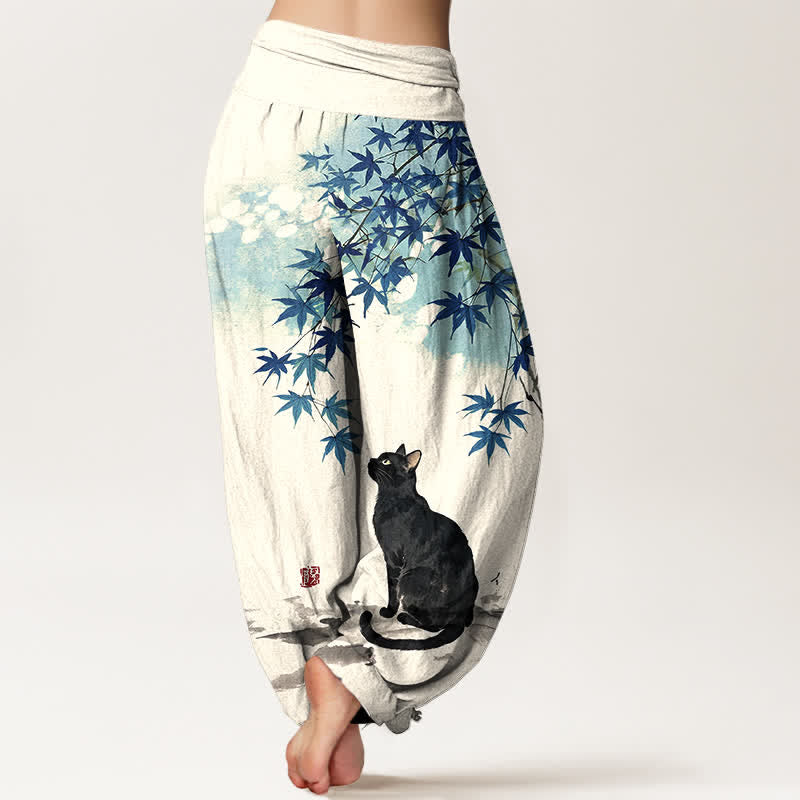 Buddha Stones Cotton Maple Leaf Cat Pattern Women's Elastic Waist Harem Pants - image 7