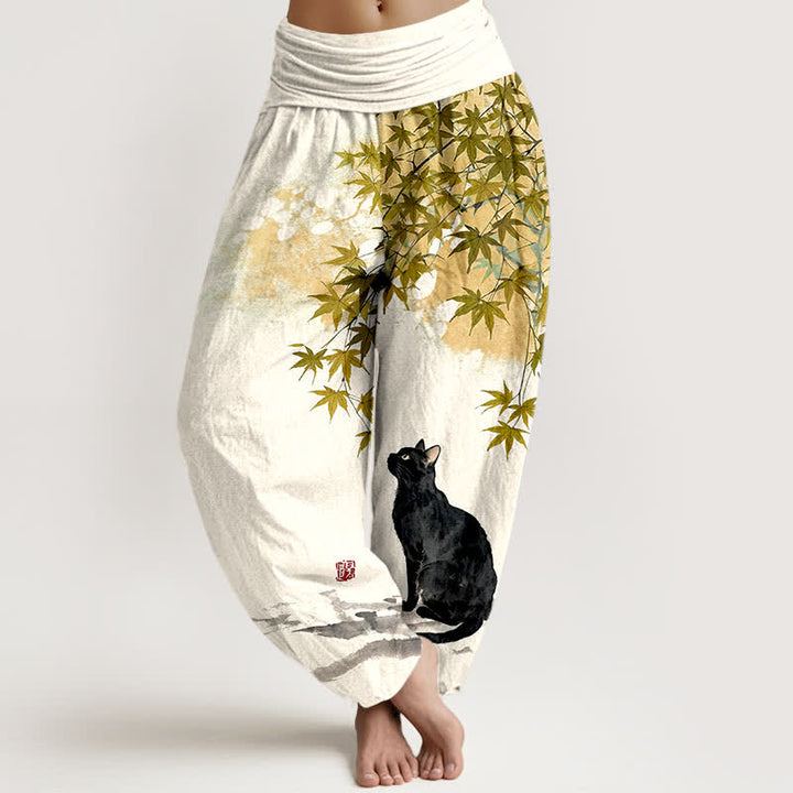 Buddha Stones Cotton Maple Leaf Cat Pattern Women's Elastic Waist Harem Pants - Goldenrod - US16，UK/AU20，EU48 (3XL) - image 8