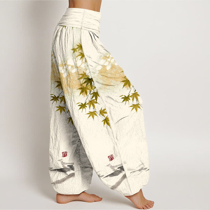 Buddha Stones Cotton Maple Leaf Cat Pattern Women's Elastic Waist Harem Pants - image 9