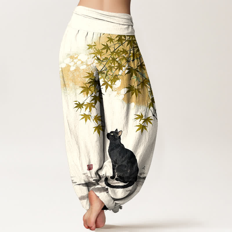Buddha Stones Cotton Maple Leaf Cat Pattern Women's Elastic Waist Harem Pants - image 10