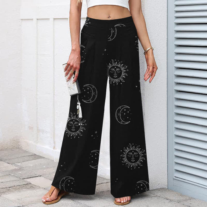 Buddha Stones Cotton Linen Celestial Sun Moon Pattern Women's Elastic Waist Wide Leg Pants With Pockets - image 1