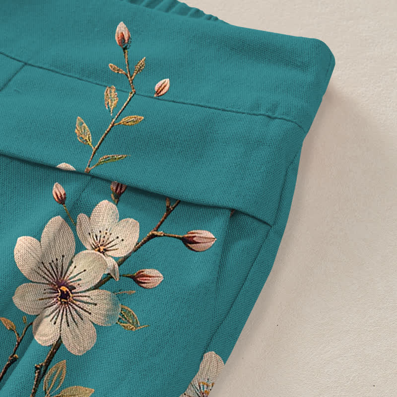 Buddha Stones Cotton Linen Vintage Floral Bird Pattern Women's Elastic Waist Wide Leg Pants With Pockets - image 2