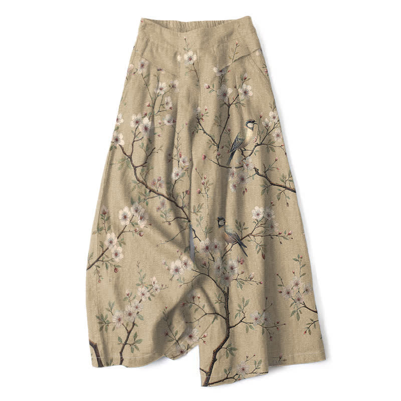 Buddha Stones Cotton Linen Vintage Floral Bird Pattern Women's Elastic Waist Wide Leg Pants With Pockets - Tan - US16，UK/AU20，EU48 (3XL) - image 4