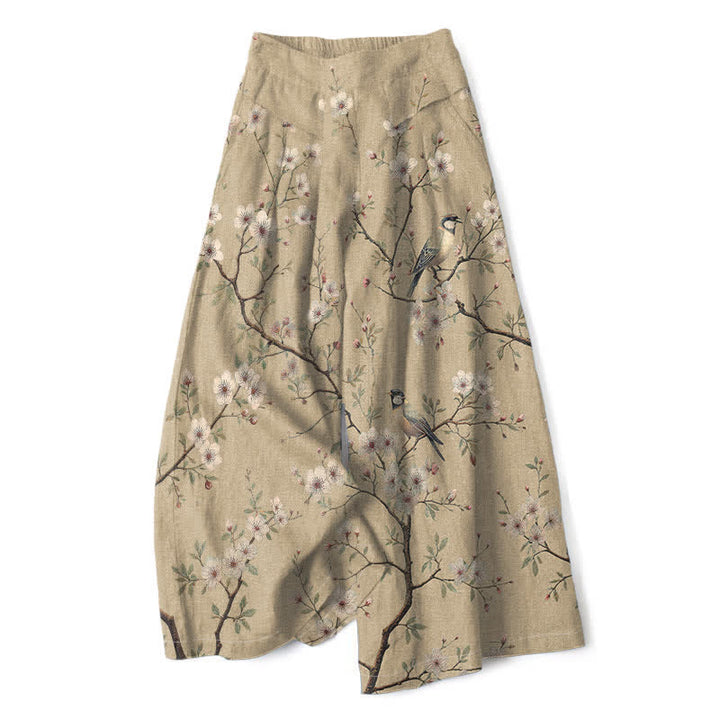 Buddha Stones Cotton Linen Vintage Floral Bird Pattern Women's Elastic Waist Wide Leg Pants With Pockets - Tan - US16，UK/AU20，EU48 (3XL) - image 4