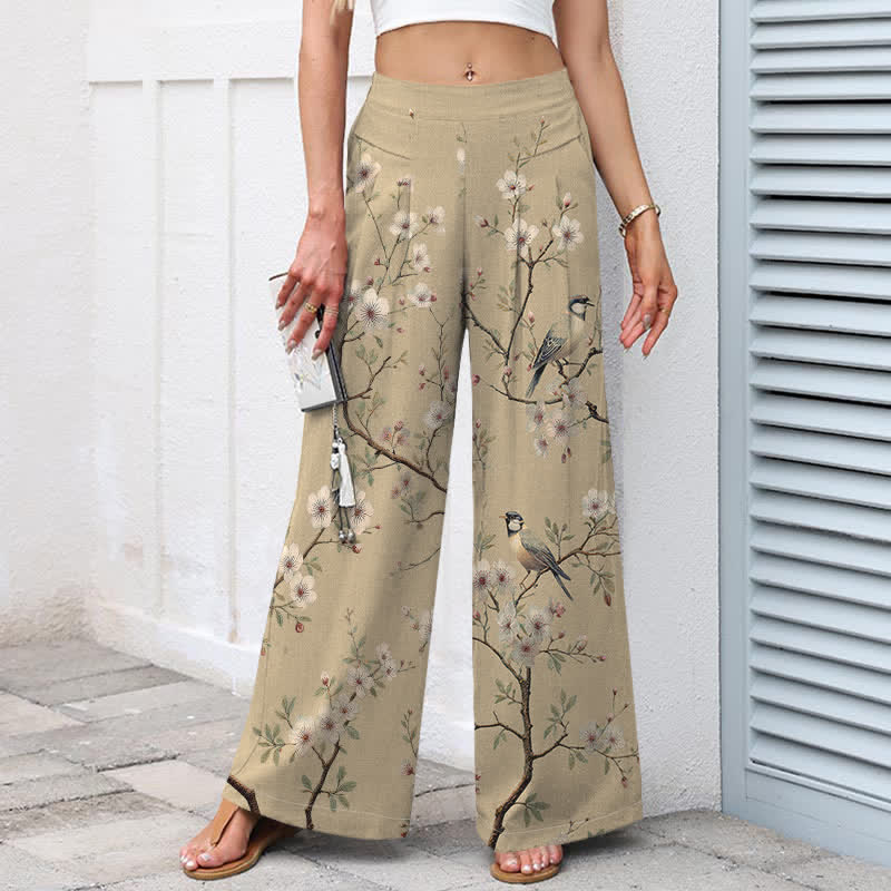Buddha Stones Cotton Linen Vintage Floral Bird Pattern Women's Elastic Waist Wide Leg Pants With Pockets - image 5