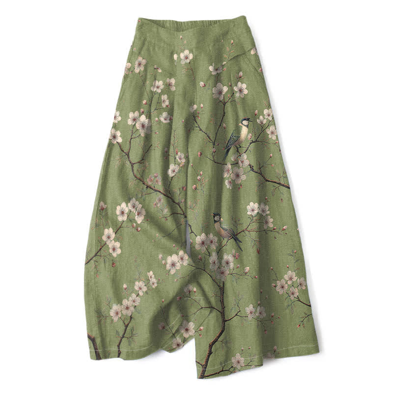 Buddha Stones Cotton Linen Vintage Floral Bird Pattern Women's Elastic Waist Wide Leg Pants With Pockets - OliveDrab - US16，UK/AU20，EU48 (3XL) - image 6