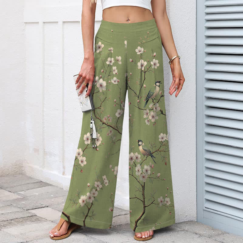 Buddha Stones Cotton Linen Vintage Floral Bird Pattern Women's Elastic Waist Wide Leg Pants With Pockets - image 7