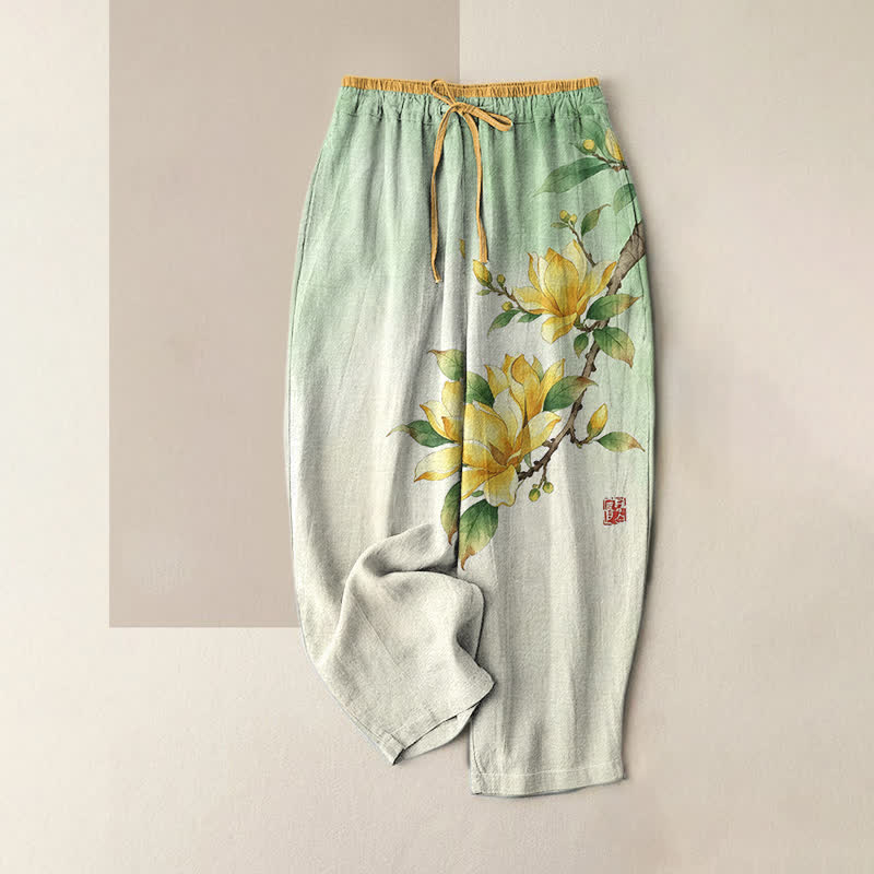 Buddha Stones Pure Cotton Ink Magnolia Pattern Women's Elastic Waist Pants With Pockets - PaleGreen - US16，UK/AU20，EU48 (3XL) - image 0