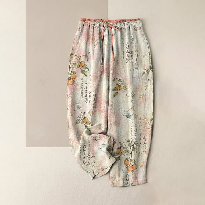 Buddha Stones Pure Cotton Oriental Citrus Butterfly Pattern Women's Elastic Waist Pants With Pockets - LavenderBlush - US16，UK/AU20，EU48 (3XL) - image 3