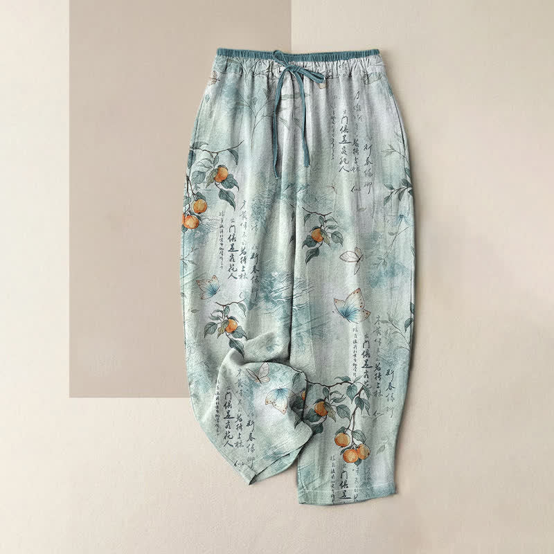 Buddha Stones Pure Cotton Oriental Citrus Butterfly Pattern Women's Elastic Waist Pants With Pockets - PaleTurquoise - US16，UK/AU20，EU48 (3XL) - image 4