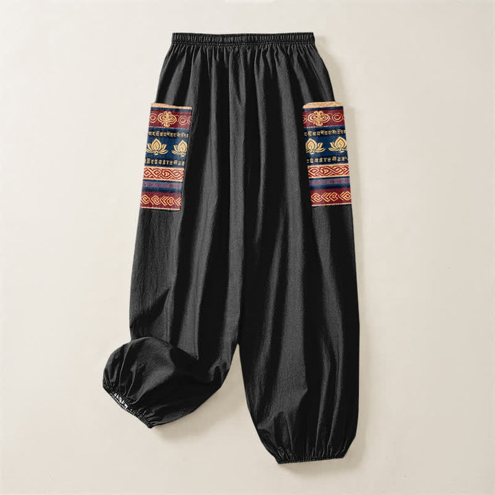 Buddha Stones Cotton Bohemian Lotus Geometric Pattern Women's Elastic Waist Harem Pants With Side Pockets - image 4
