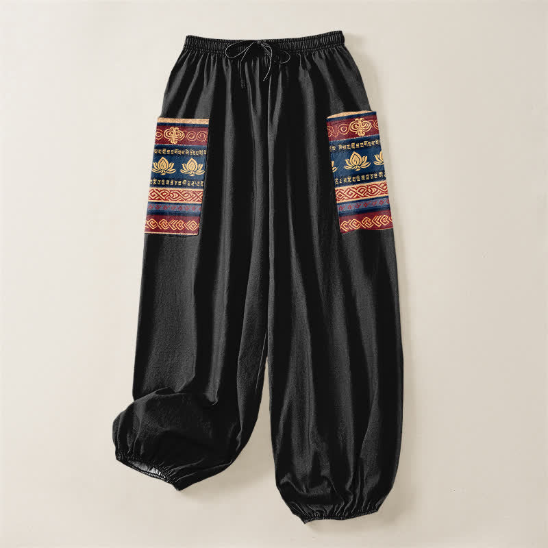 Buddha Stones Cotton Bohemian Lotus Geometric Pattern Women's Elastic Waist Harem Pants With Side Pockets - image 3