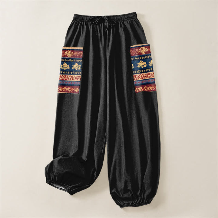 Buddha Stones Cotton Bohemian Lotus Geometric Pattern Women's Elastic Waist Harem Pants With Side Pockets - image 3