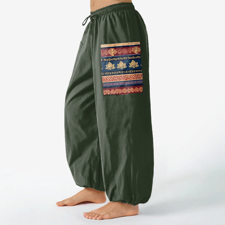 Buddha Stones Cotton Bohemian Lotus Geometric Pattern Women's Elastic Waist Harem Pants With Side Pockets - image 8