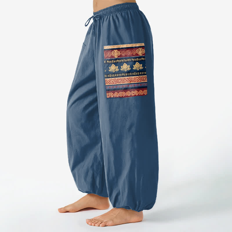 Buddha Stones Cotton Bohemian Lotus Geometric Pattern Women's Elastic Waist Harem Pants With Side Pockets - image 11