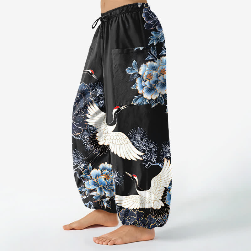 Buddha Stones Cotton Oriental Crane Peony Pattern Women's Elastic Waist Harem Pants With Side Pockets - image 11