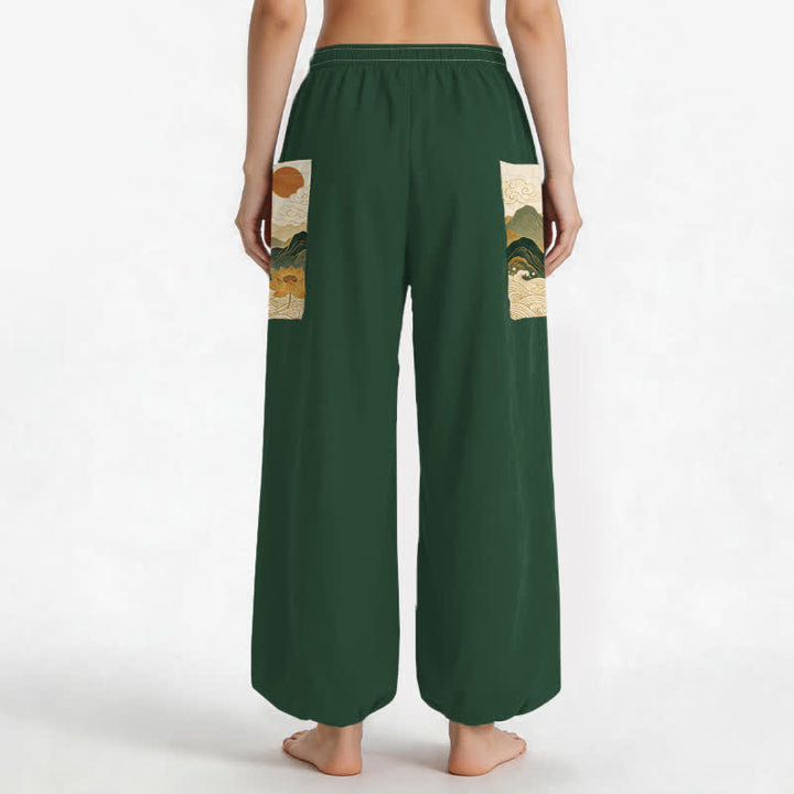 Buddha Stones Cotton Oriental Mountain Lotus Pattern Women's Elastic Waist Harem Pants With Side Pockets - image 2