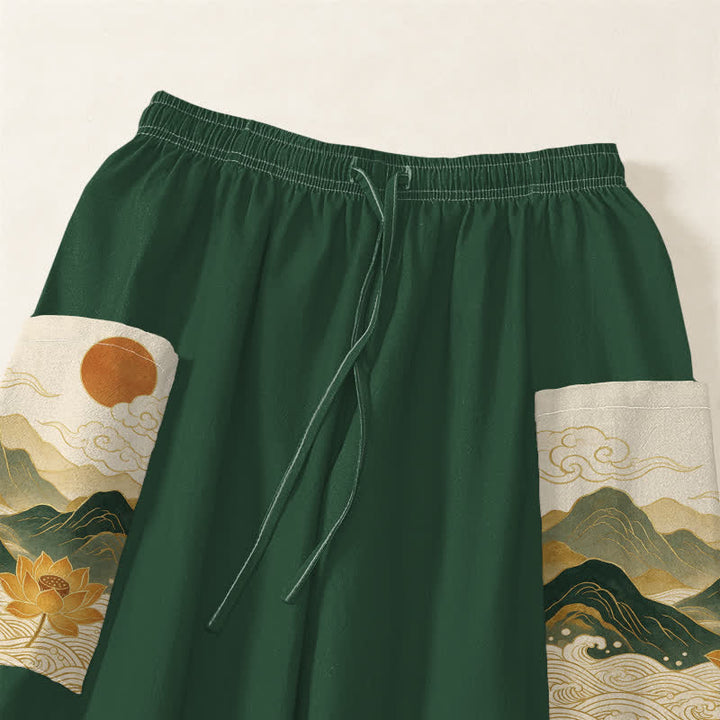 Buddha Stones Cotton Oriental Mountain Lotus Pattern Women's Elastic Waist Harem Pants With Side Pockets - image 5