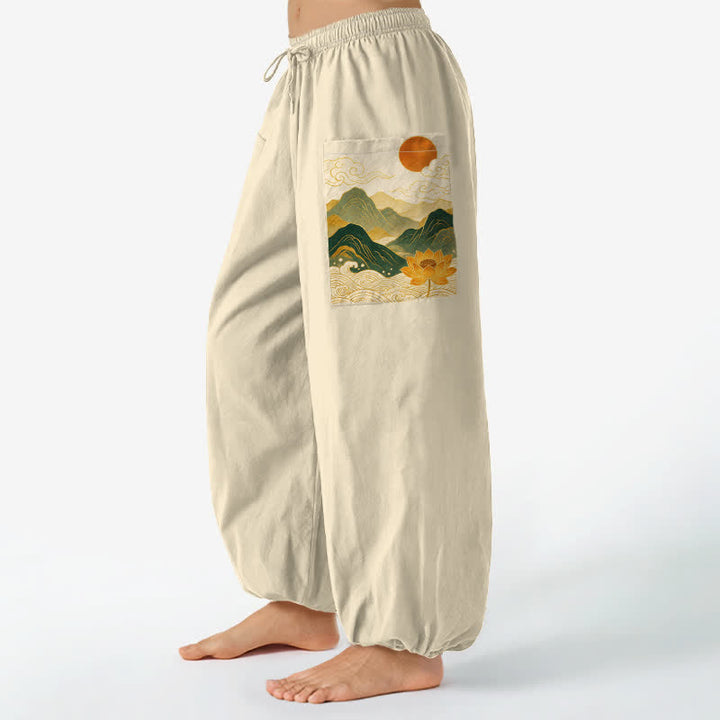 Buddha Stones Cotton Oriental Mountain Lotus Pattern Women's Elastic Waist Harem Pants With Side Pockets - Beige - US16，UK/AU20，EU48 (3XL) - image 10