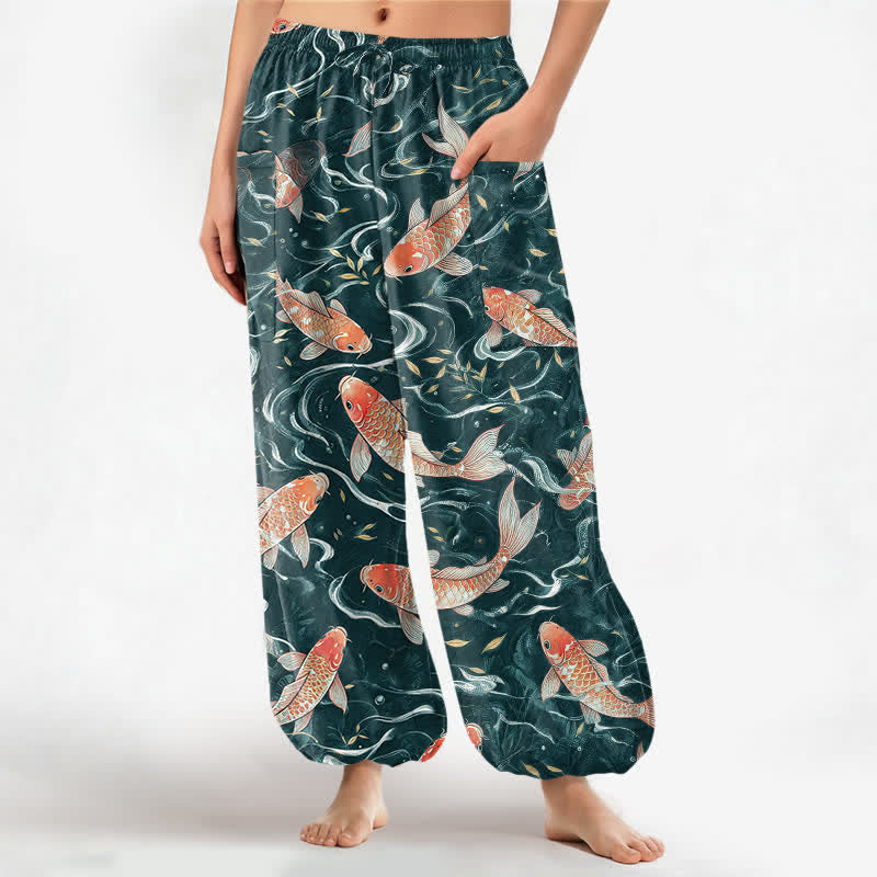 Buddha Stones Cotton Oriental Koi Wave Pattern Women's Elastic Waist Harem Pants With Side Pockets - DarkCyan - US16，UK/AU20，EU48 (3XL) - image 7