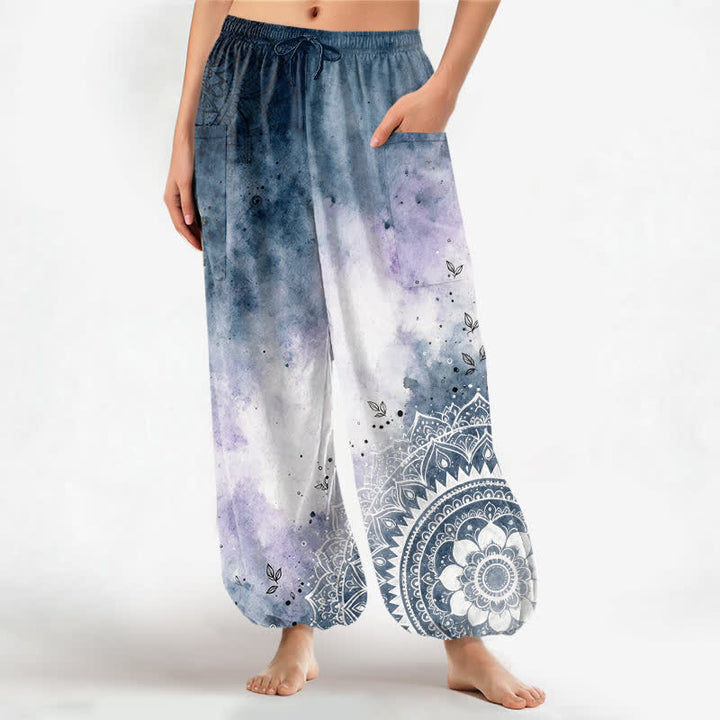 Buddha Stones Cotton Watercolor Ombre Mandala Lotus Pattern Women's Elastic Waist Harem Pants With Side Pockets - SteelBlue - US16，UK/AU20，EU48 (3XL) - image 0