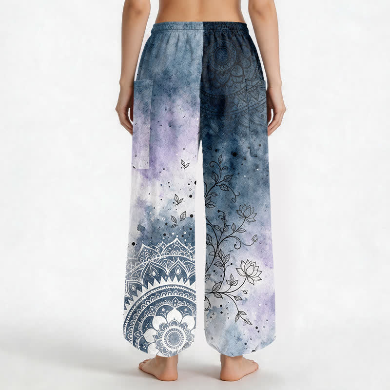 Buddha Stones Cotton Watercolor Ombre Mandala Lotus Pattern Women's Elastic Waist Harem Pants With Side Pockets - image 2