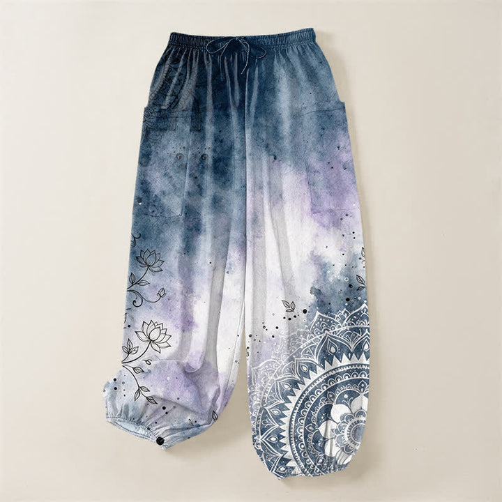 Buddha Stones Cotton Watercolor Ombre Mandala Lotus Pattern Women's Elastic Waist Harem Pants With Side Pockets - image 3