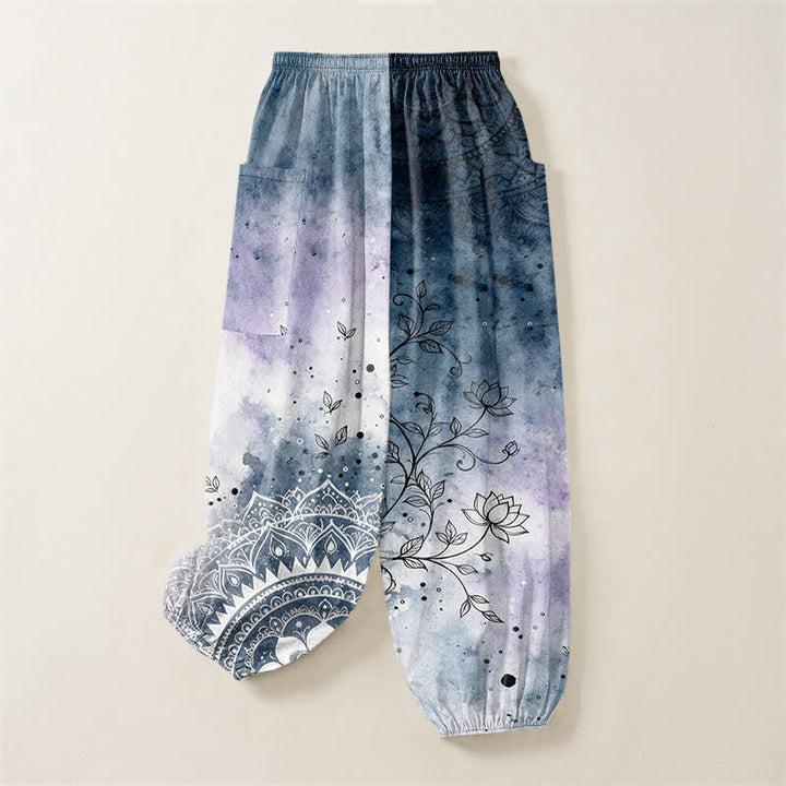 Buddha Stones Cotton Watercolor Ombre Mandala Lotus Pattern Women's Elastic Waist Harem Pants With Side Pockets - image 4