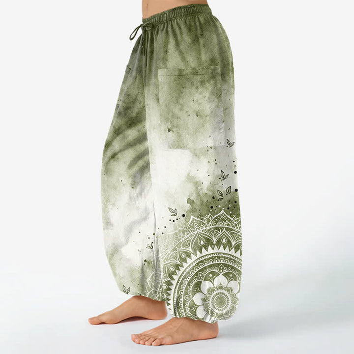 Buddha Stones Cotton Watercolor Ombre Mandala Lotus Pattern Women's Elastic Waist Harem Pants With Side Pockets - image 8
