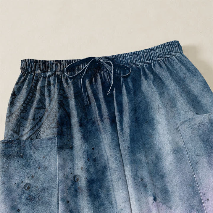 Buddha Stones Cotton Watercolor Ombre Mandala Lotus Pattern Women's Elastic Waist Harem Pants With Side Pockets - image 5