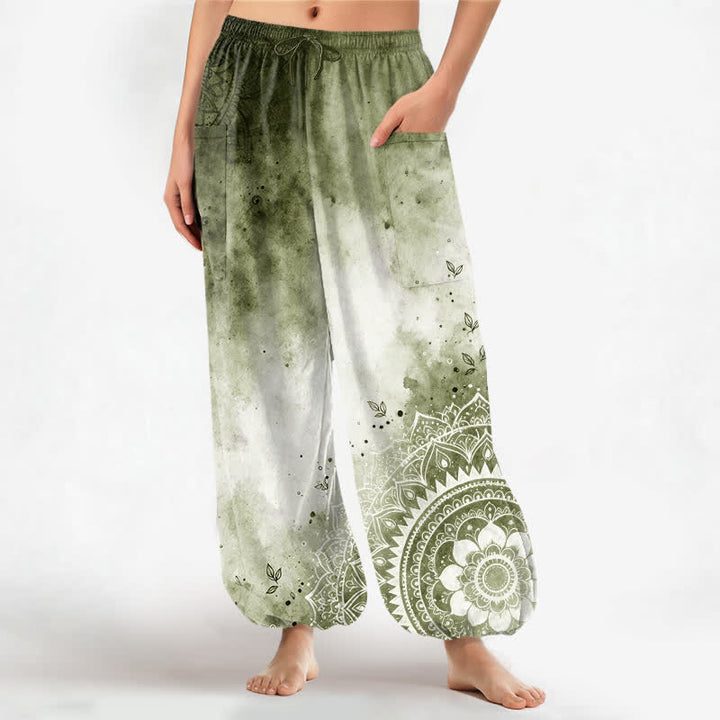 Buddha Stones Cotton Watercolor Ombre Mandala Lotus Pattern Women's Elastic Waist Harem Pants With Side Pockets - YellowGreen - US16，UK/AU20，EU48 (3XL) - image 7
