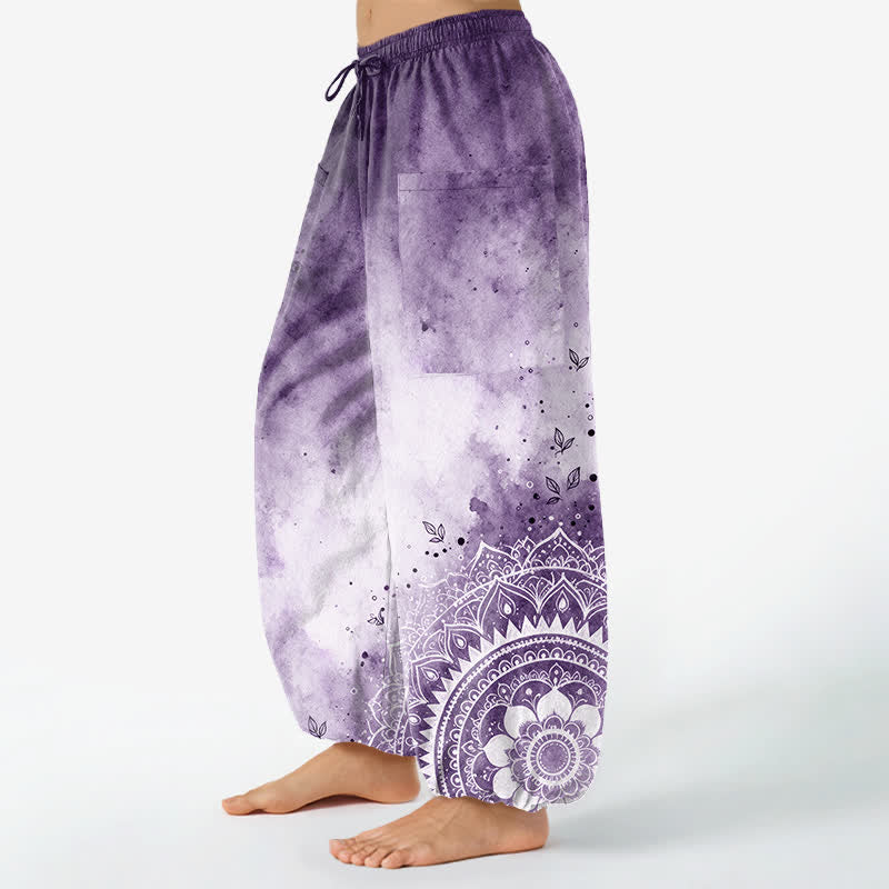 Buddha Stones Cotton Watercolor Ombre Mandala Lotus Pattern Women's Elastic Waist Harem Pants With Side Pockets - image 11