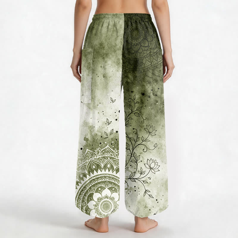 Buddha Stones Cotton Watercolor Ombre Mandala Lotus Pattern Women's Elastic Waist Harem Pants With Side Pockets - image 9