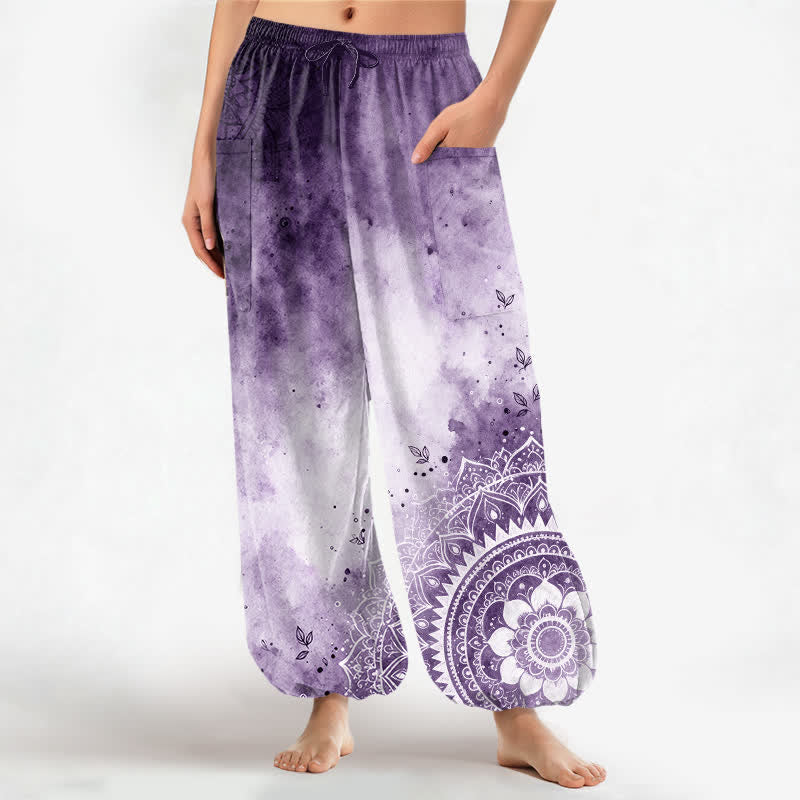 Buddha Stones Cotton Watercolor Ombre Mandala Lotus Pattern Women's Elastic Waist Harem Pants With Side Pockets - DarkOrchid - US16，UK/AU20，EU48 (3XL) - image 10
