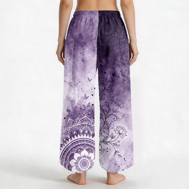 Buddha Stones Cotton Watercolor Ombre Mandala Lotus Pattern Women's Elastic Waist Harem Pants With Side Pockets - image 12