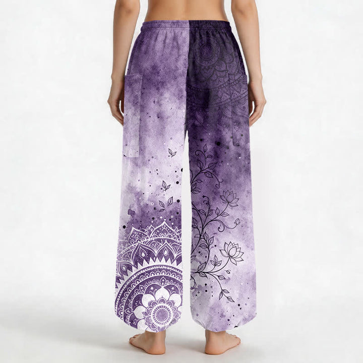 Buddha Stones Cotton Watercolor Ombre Mandala Lotus Pattern Women's Elastic Waist Harem Pants With Side Pockets - image 12