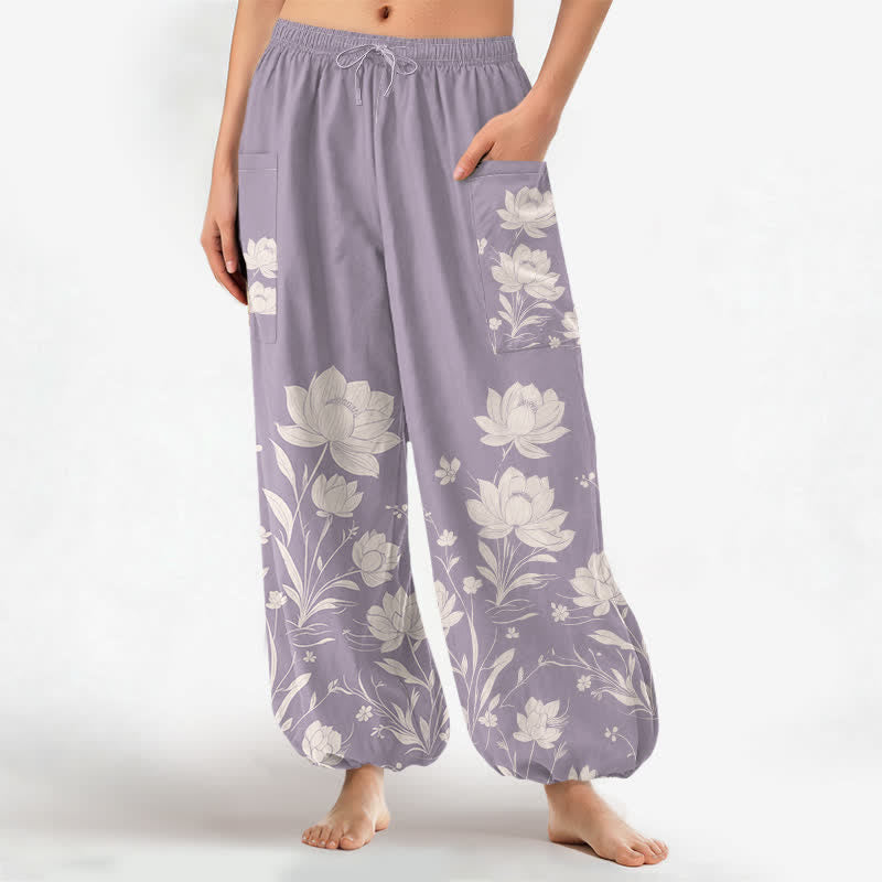 Buddha Stones Cotton Vintage Lotus Bloom Pattern Women's Elastic Waist Harem Pants With Side Pockets - Thistle - US16，UK/AU20，EU48 (3XL) - image 0